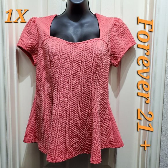 FOREVER 21+ Salmon Top Peplum Flared Square Neck Short-Sleeve Blouse, Size 1X - Picture 1 of 8